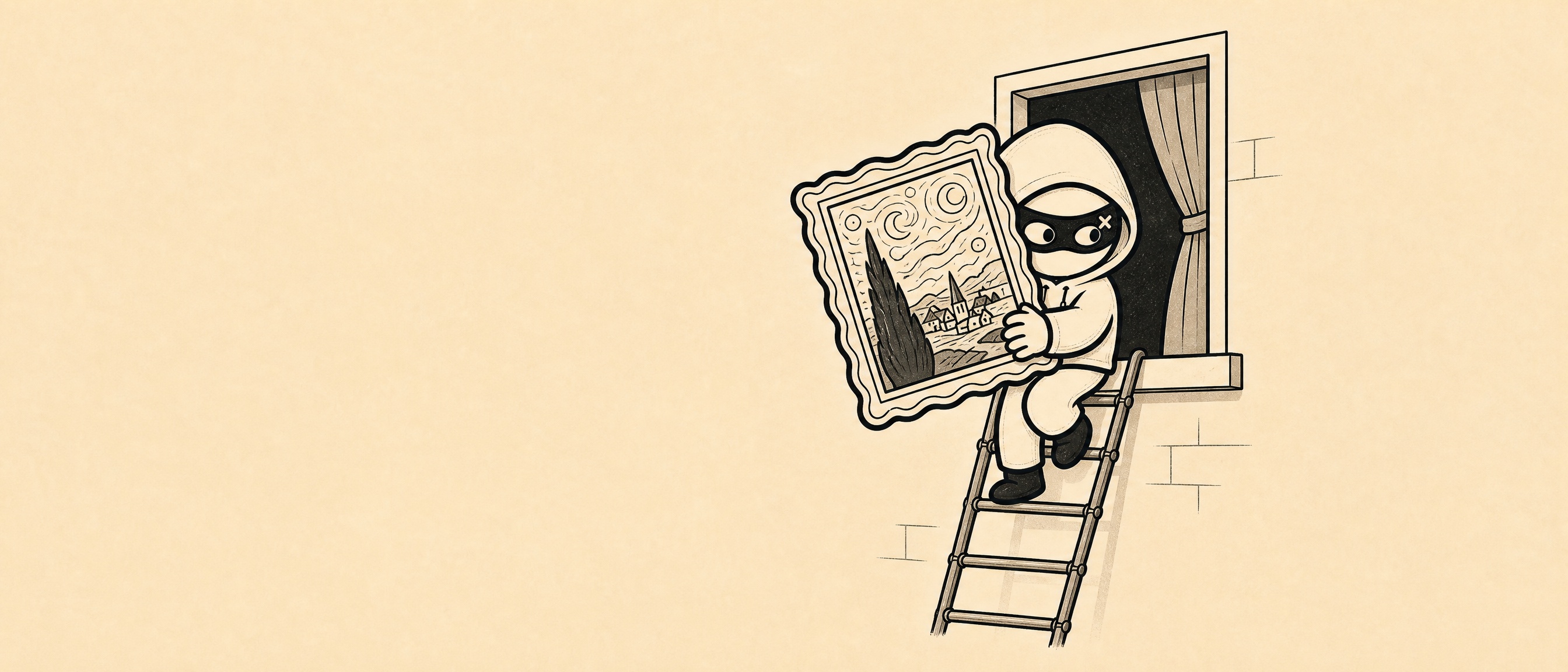 The Thief climbing down a ladder with a stolen painting