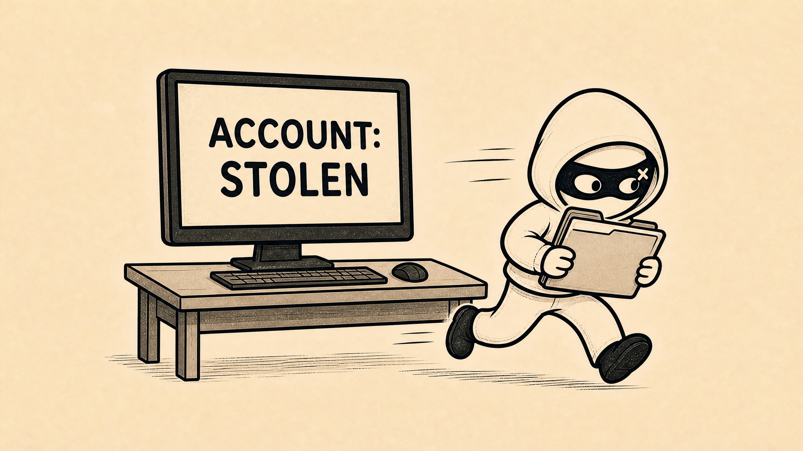 A monitor reading ACCOUNT: STOLEN while The Thief runs off with a folder