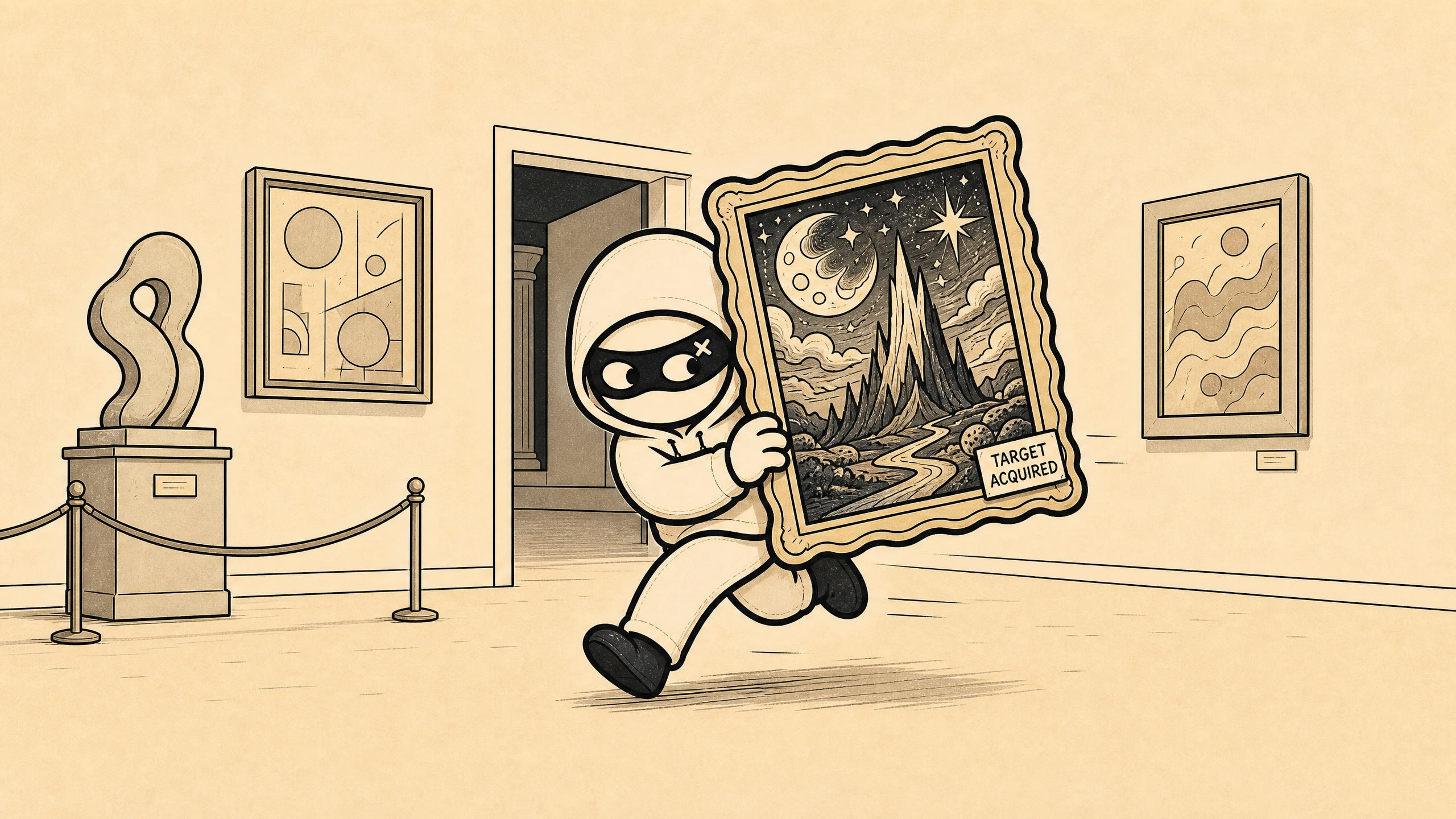 The Thief running through a gallery with a reinterpreted painting labelled TARGET ACQUIRED