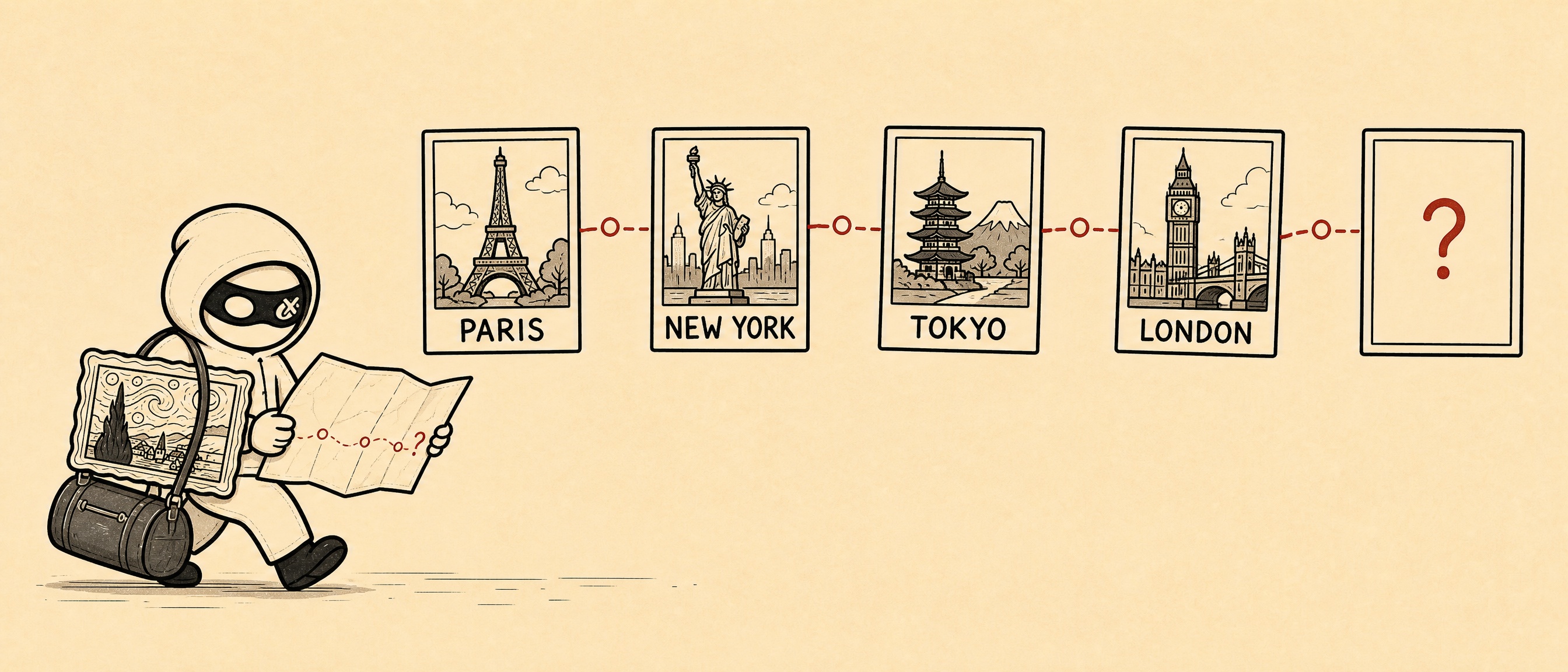 The Thief with a map and postcards of Paris, New York, Tokyo and London